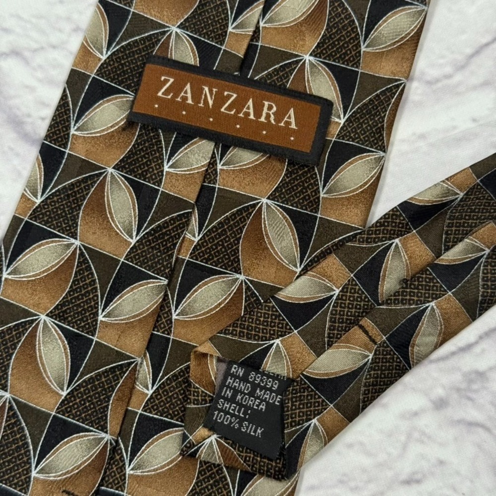 Zanzara Mens Hand Made 100% Silk Tie Brown & Black Geometric - Picture 2 of 3